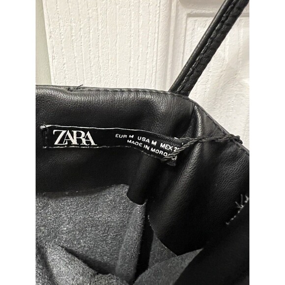 Zara Black Faux Leather Mini Dress NEW spaghetti Strap Zip Up Back Size Medium - Picture 8 of 11
